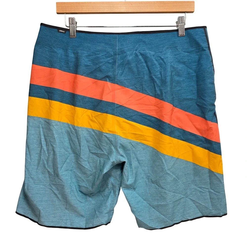 Rip Curl Mirage Mens 34 Board Shorts Teal Blue Orange Yellow Striped Surf Grip‎